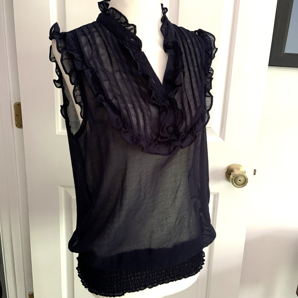 Vtg Sheer Ruffle Shirred button neck Goth Vamp Dark Academia Victorian top sz S